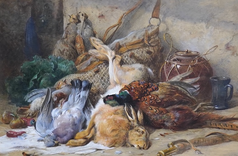 James Hardy Junior (1832-1889), pair of watercolours, Studies of dead game, each signed, one dated '82, other indistinctly dated, labels verso, 25 x 41cm. Condition - good